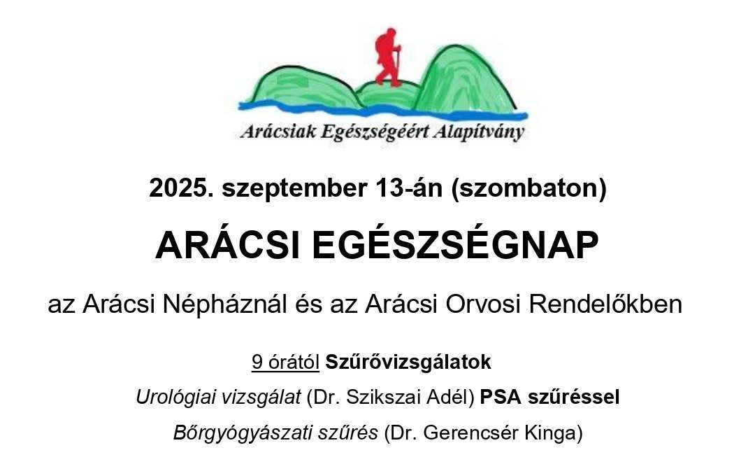 Arácsi Egészségnap és Egészséges Ételek/Sütemények Versenye 2025.09.13. 9:00 Arácsi Népház és Arácsi Orvosi Rendelők